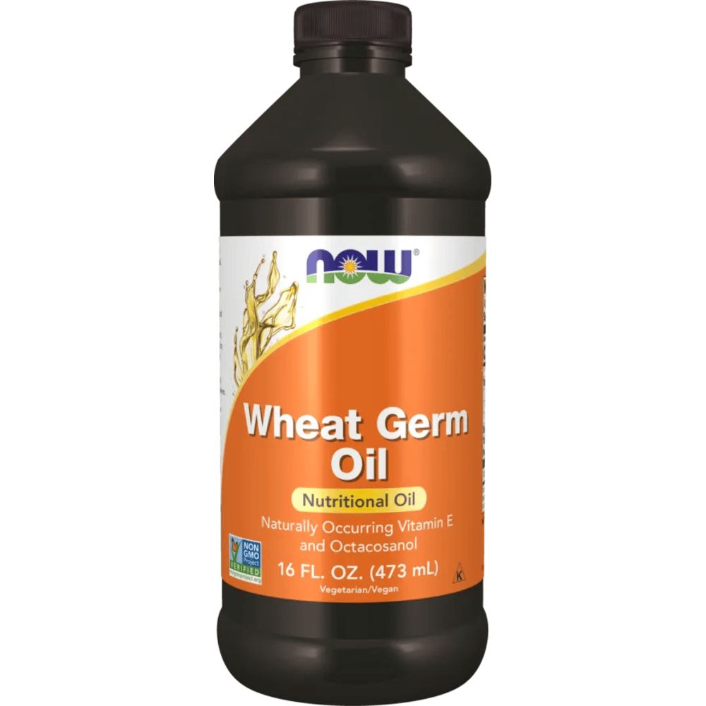 Braune Flasche mit orangefarbenem Etikett. Aufschrift: Wheat Germ Oil, Nutritional Oil. Marke: NOW. Enthält Vitamin E und Octacosanol. 16 Fl. Oz.