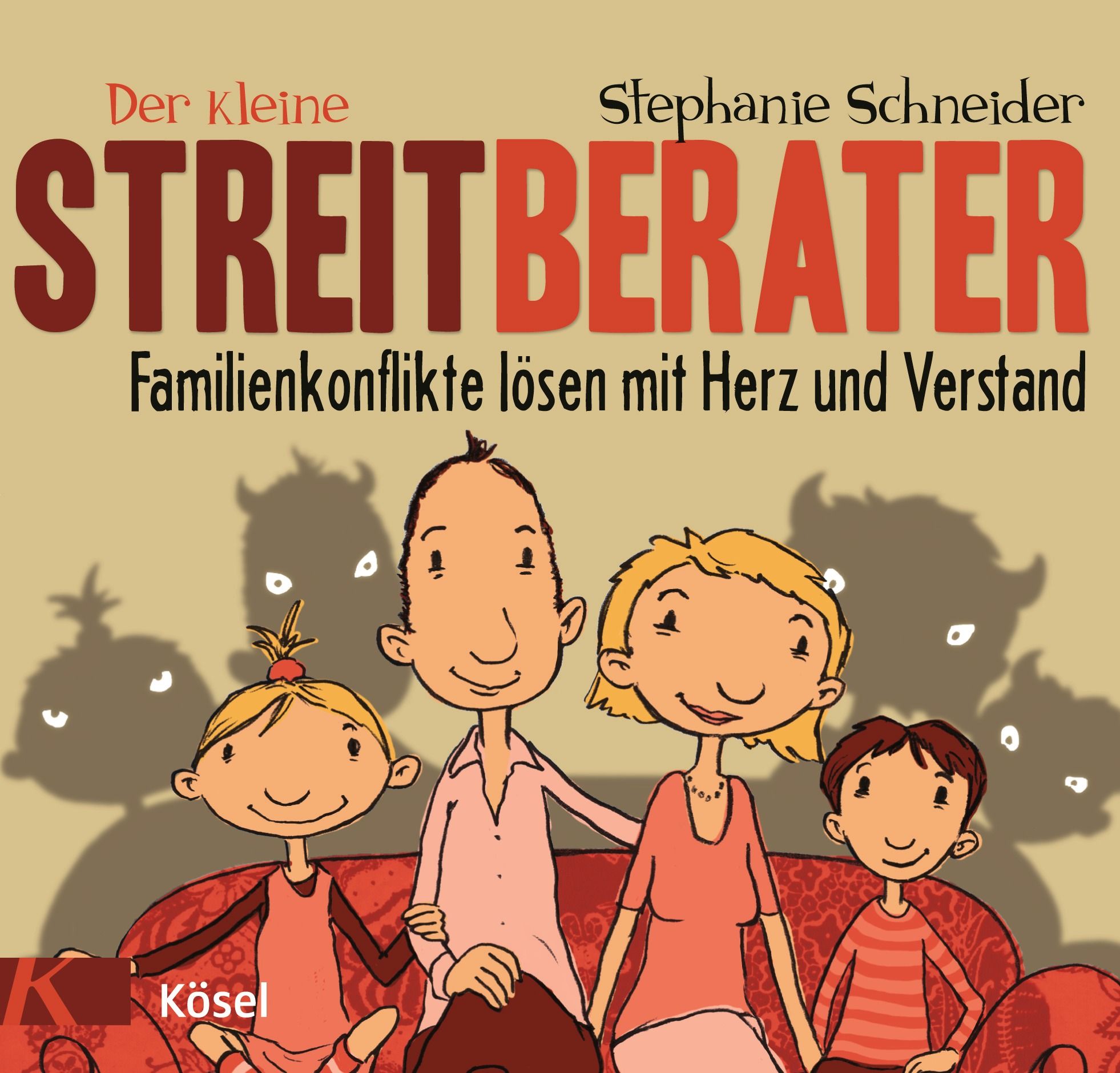 Buchcover: Titel "Der kleine Streitberater", Autorin Stephanie Schneider. Illustration einer Familie auf rotem Sofa.