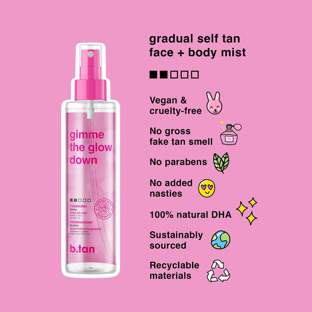 Rosa Hintergrund mit Produktinformationen. Text: Vegan & tierversuchsfrei, kein unangenehmer Geruch, keine Parabene, 100% natürliches DHA.