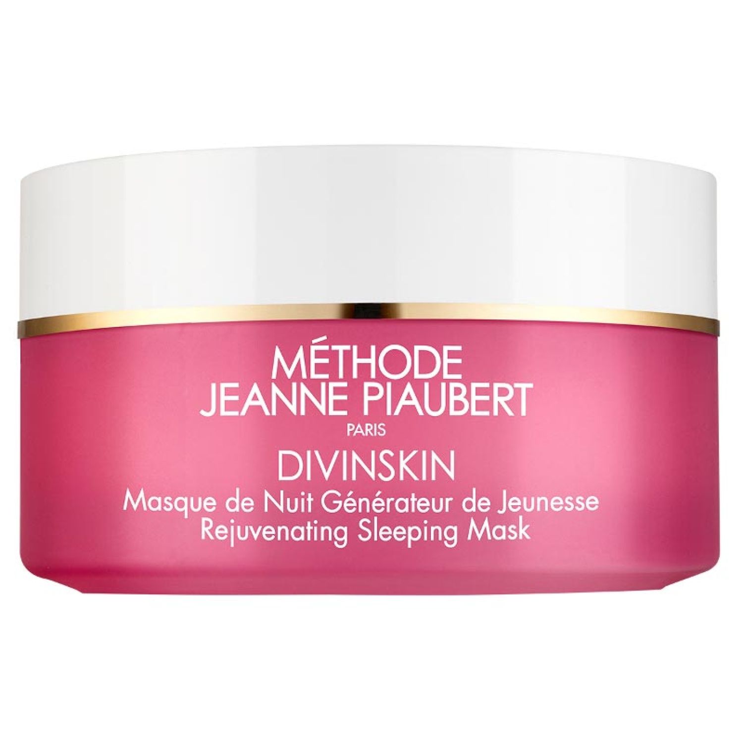 Rosa Cremebehälter mit weißem Deckel und goldenem Rand. Aufschrift: Méthode Jeanne Piaubert, Divinskin, Rejuvenating Sleeping Mask.