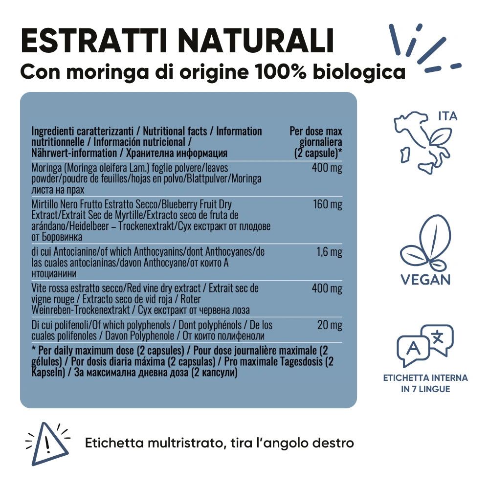 Blaues Etikett mit Inhaltsstoffen. Text: Extrakte, Moringa, Vegan, Etichetta interna in 7 lingue. Italienische Flagge.