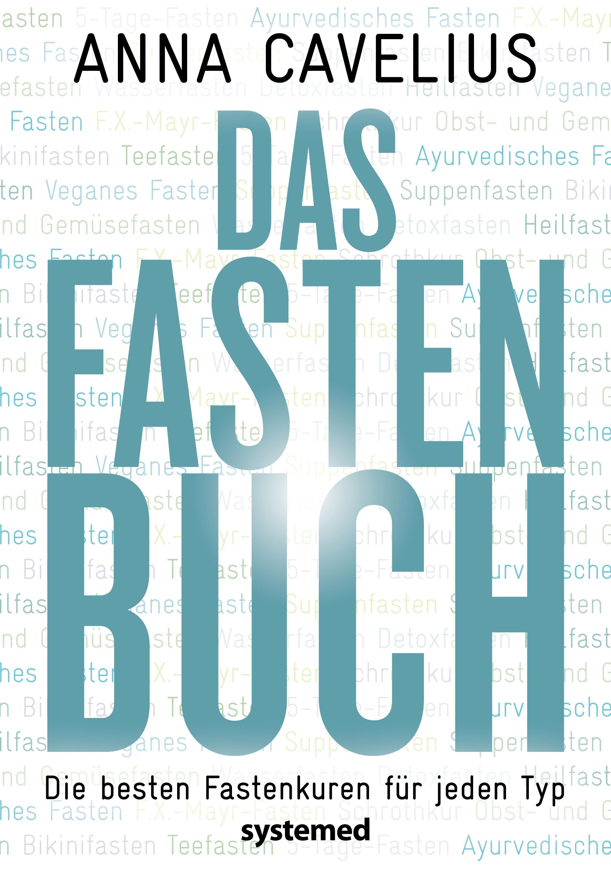 Buchcover mit dem Titel "Das Fastenbuch" in großen, türkisfarbenen Buchstaben. Autor: Anna Cavelius. Untertitel: Die besten Fastenkuren.