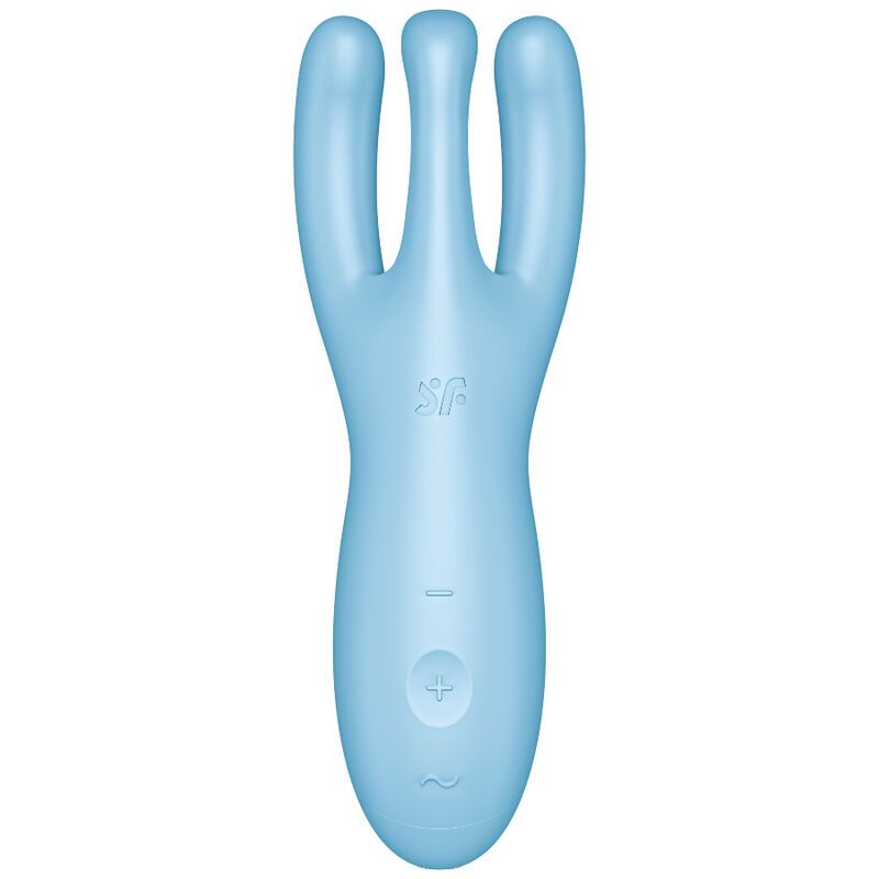 Hellblauer Vibrator mit drei Spitzen. Auf dem Griff befinden sich Bedienelemente. Das Produkt hat das Logo "sf".
