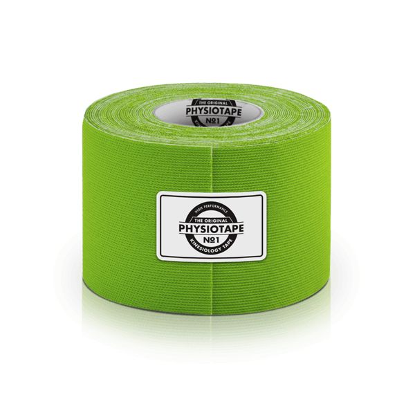 Grünes PhysioTape No.1, Kinesiotape, Rolle. Aufschrift: PhysioTape No.1. Weißes Etikett.