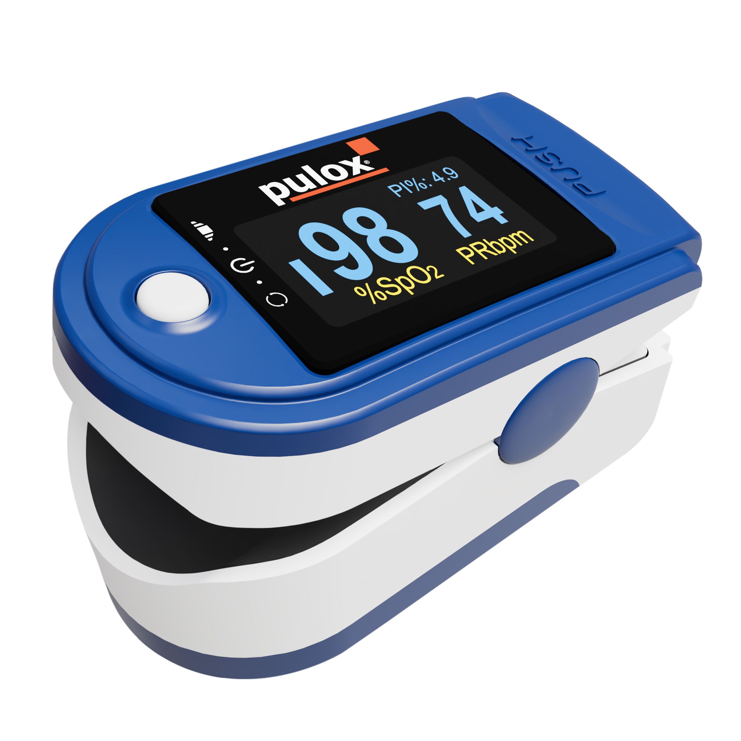 Blauer Pulsoximeter mit weißem Gehäuse und digitaler Anzeige. Ein-Knopf-Bedienung.