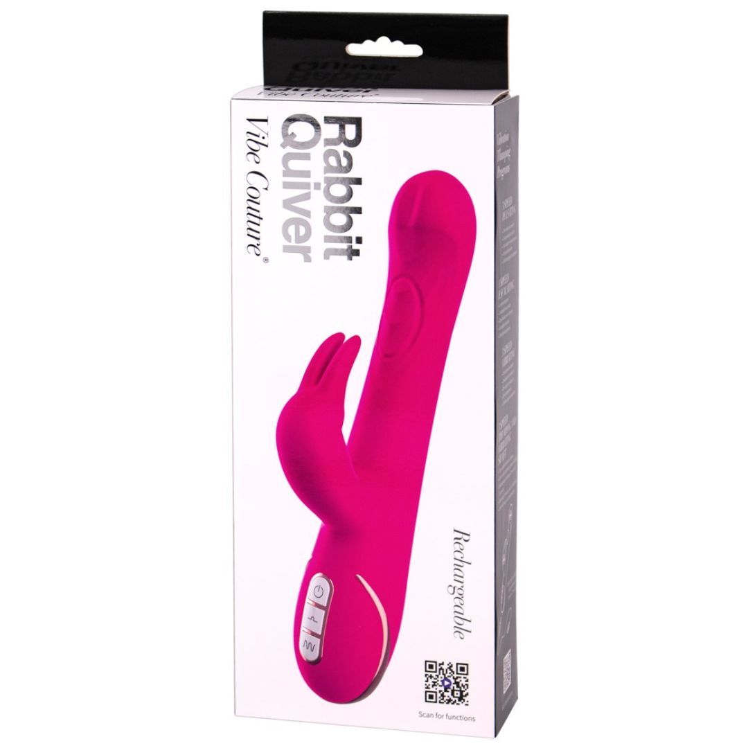 Verpackung mit pinkfarbenem Vibrator. Produktname: Rabbit Quiver. Marke: Vibe Couture. Text: Rechargeable.