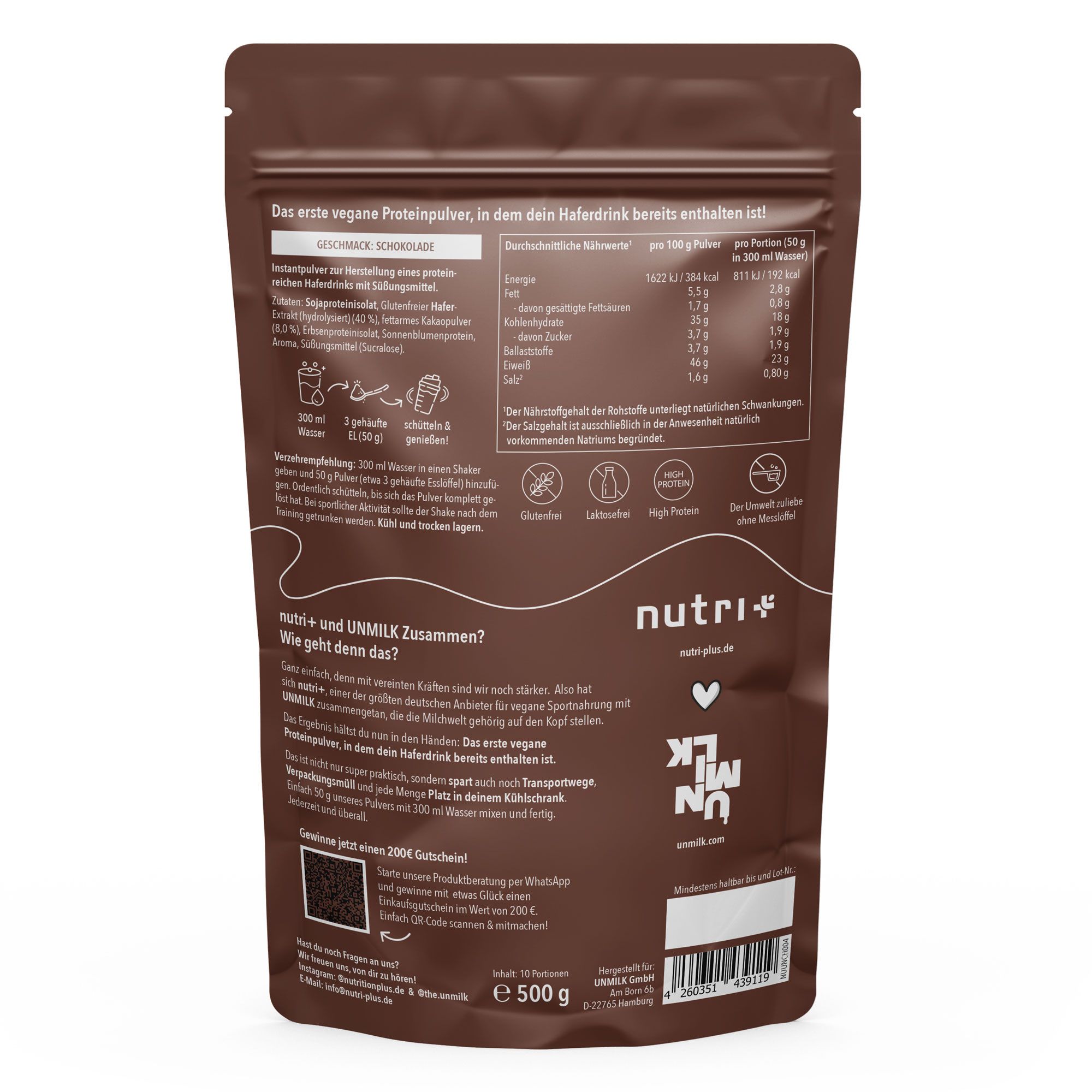 Unmilk Nutri+ 2 in 1 Vegan Protein + Haferdrink 500 g Pulver