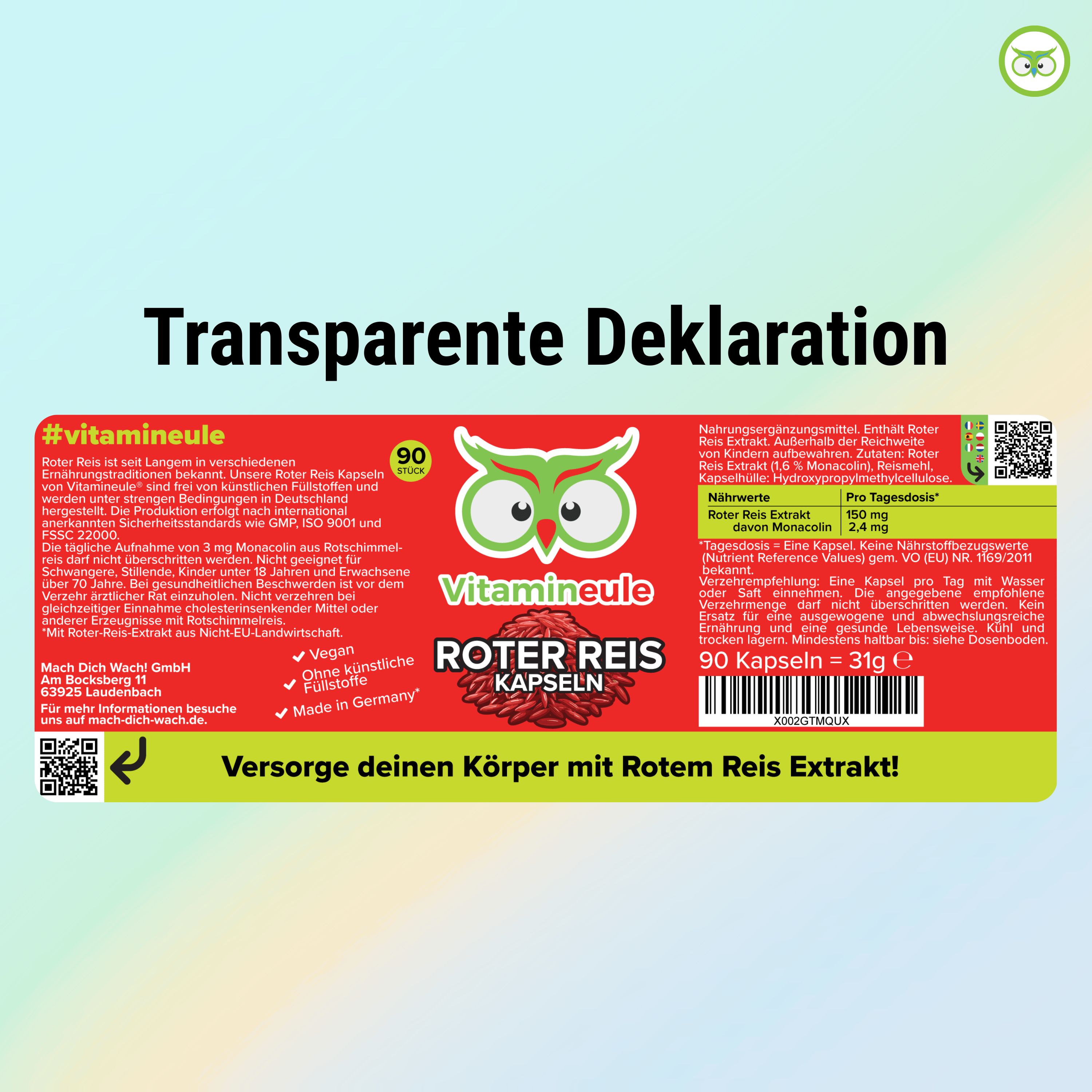 Etikett: #vitamineule, Roter Reis Kapseln, 90 Kapseln, Nährwertangaben, Inhaltsstoffe, Herstellerinformationen, QR-Code, FSSC 22000, Vegan, Ohne künstliche Farbstoffe.