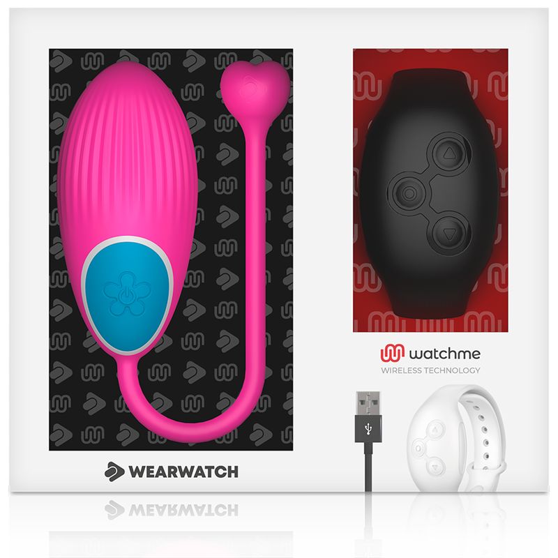 Produkt-Set: Rosa Ei, schwarze Armbanduhr, weißes Armband, USB-Kabel. Logo: Wearwatch, watchme.