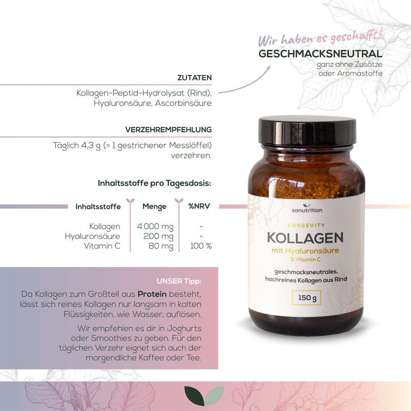 Produktabbildung mit Text. Braune Glasflasche mit Etikett: Kollagen mit Hyaluronsäure & Vitamin C. 150 g. Text über Inhaltsstoffe und Dosierung.