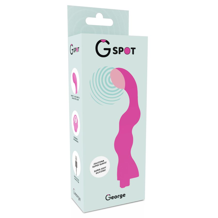 Produktverpackung mit pinkfarbener Abbildung eines Vibrators. Auf der Verpackung steht "G-SPOT" und "George".