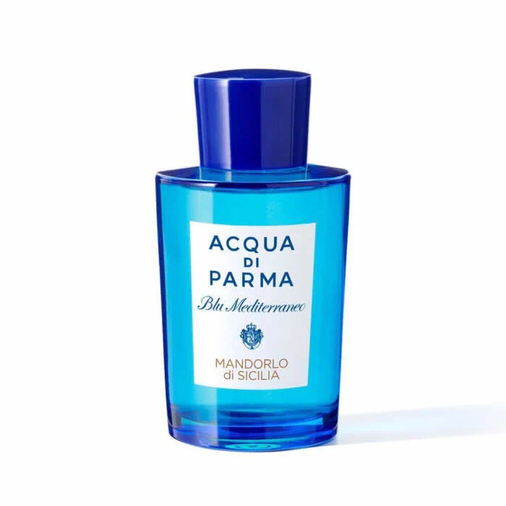 Blaues Parfümflakon mit weißem Etikett. Aufschrift: ACQUA DI PARMA Blu Mediterraneo Mandorlo di Sicilia.