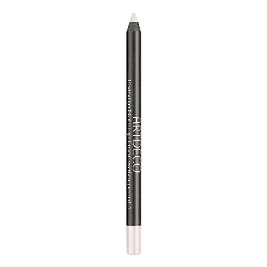 Weißer Lipliner. Schwarzer Stiftkörper. Text: ARTDECO Invisible Soft Lip Liner waterproof 1. Auf weißem Hintergrund.