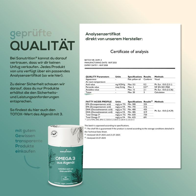 Analyse Zertifikat von Sanutrition Omega-3 aus Algenöl. Zeigt Analyseergebnisse und Chargennummer. Dose mit 60 Kapseln.