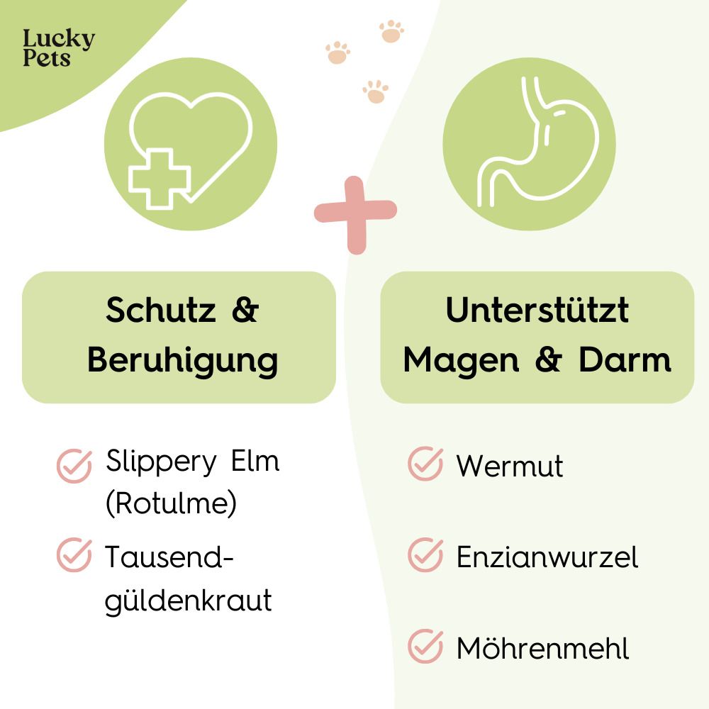 Grafik mit zwei Kreisen und Text. Stichworte: Schutz & Beruhigung, Slippery Elm, Tausendgüldenkraut, unterstützt Magen & Darm, Wermut, Enzianwurzel, Möhrenmehl.