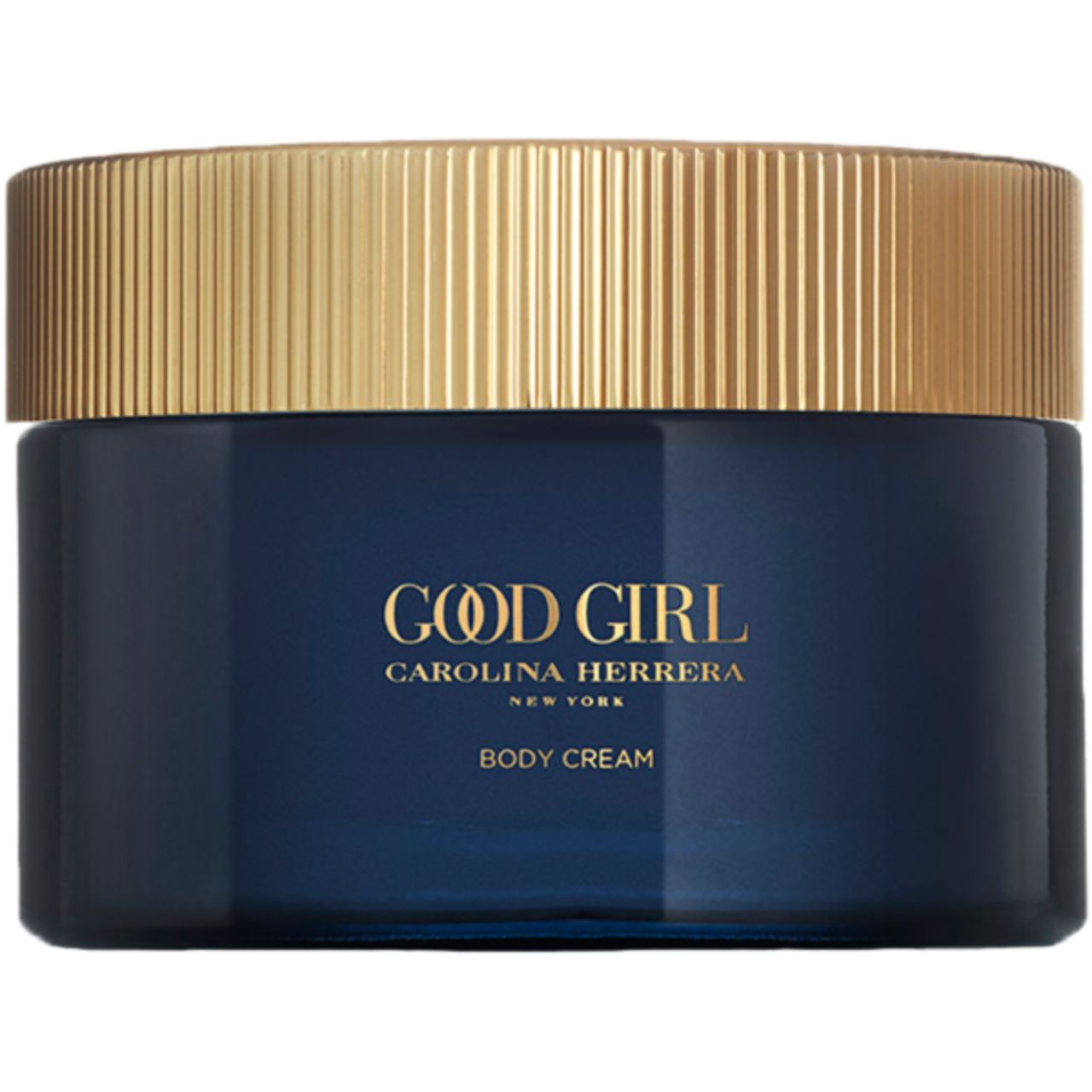 Dunkelblauer Tiegel mit goldfarbenem Deckel, "Good Girl Body Cream" Aufschrift.