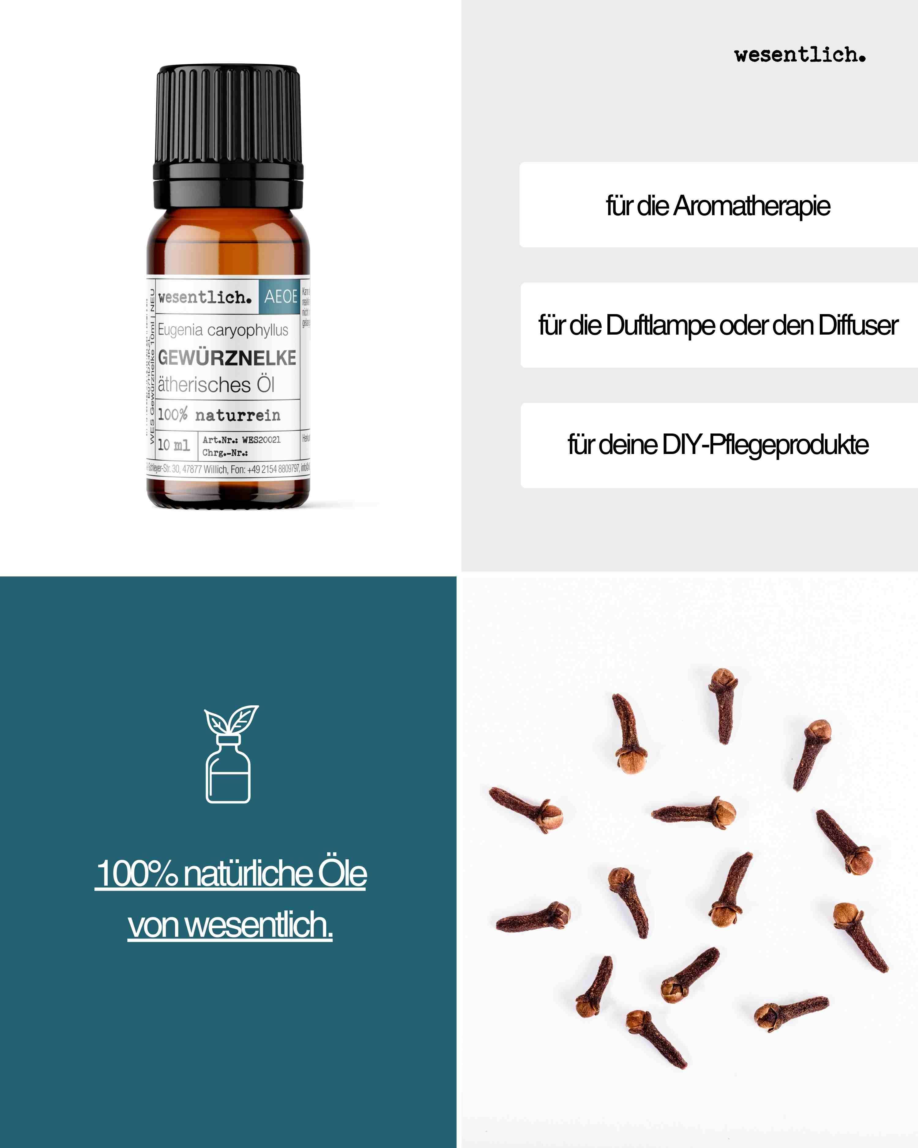 Flasche Gewürznelkenöl neben Textfeldern zu Aromatherapie und DIY-Pflegeprodukten. Mehrere Gewürznelken auf weißem Hintergrund.