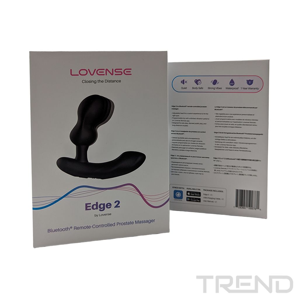 Vorder- und Rückseite der Produktverpackung für den 'Edge 2' Prostata-Massager.