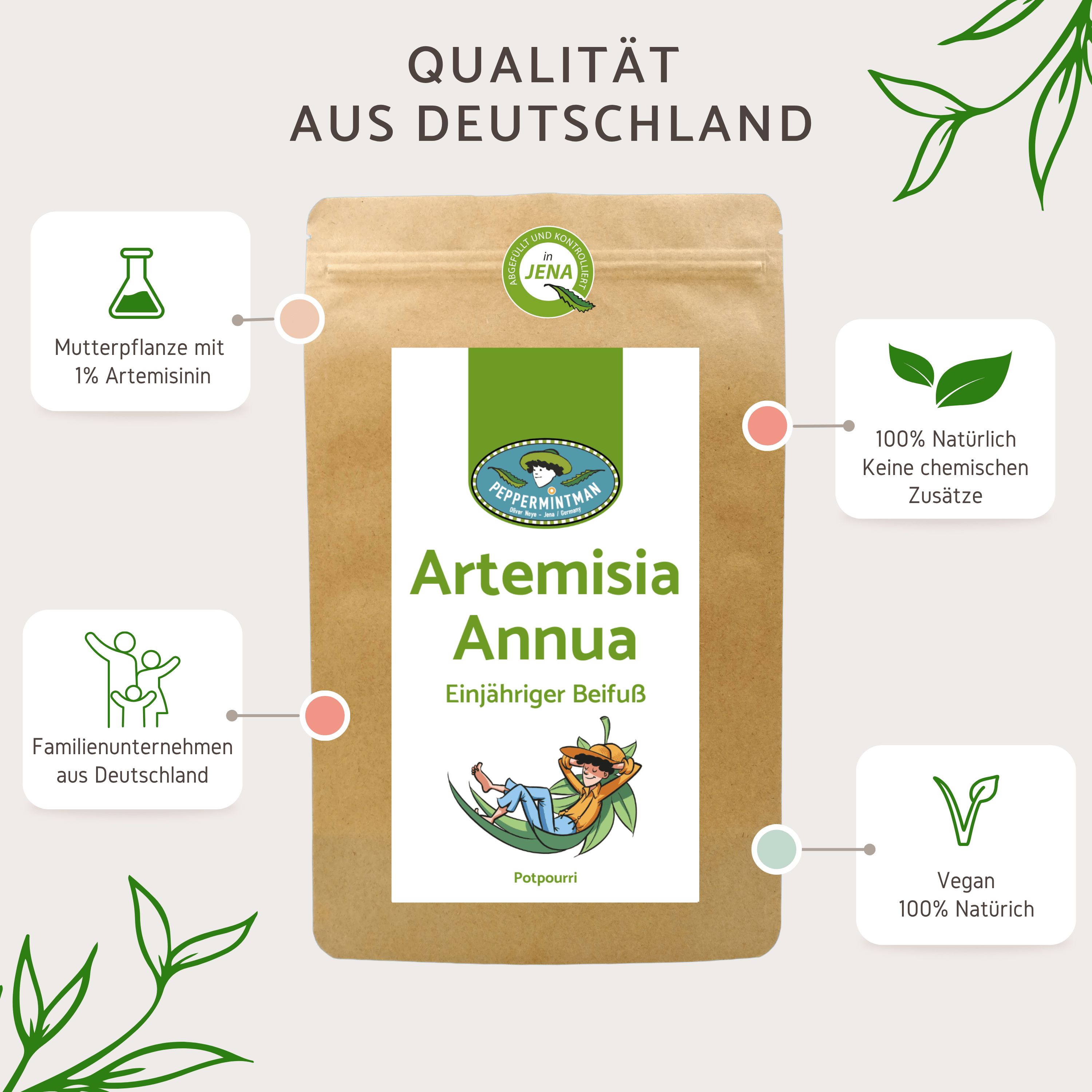 Beutel Artemisia Annua mit Infografik. Aufschrift: PEPPERMINTMAN, Artemisia Annua, Einjähriger Beifuß. Logos: Vegan, 100% natürlich, 100% keine chemischen Zusätze.