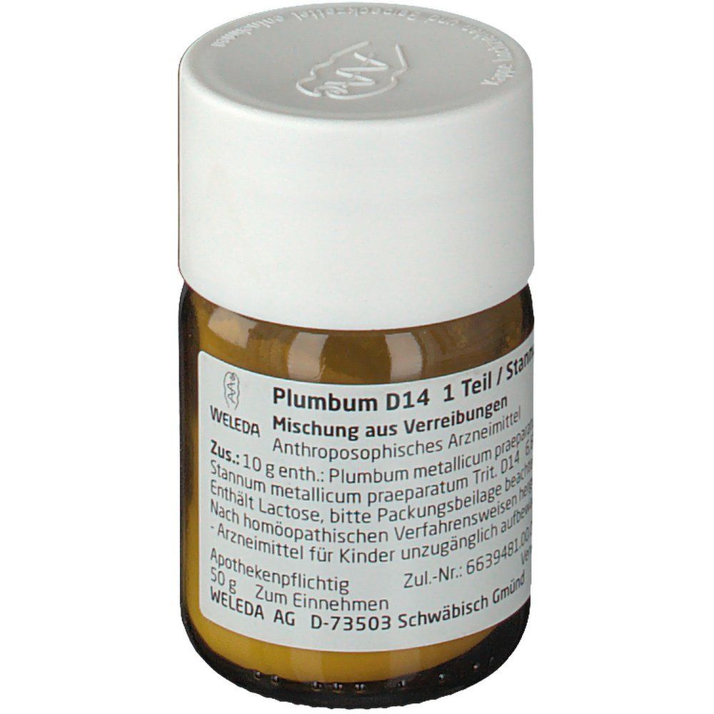 Braune Glasflasche mit weißem Deckel. Etikett mit Produktinformationen: Weleda Plumbum D14 / Stannum D14.