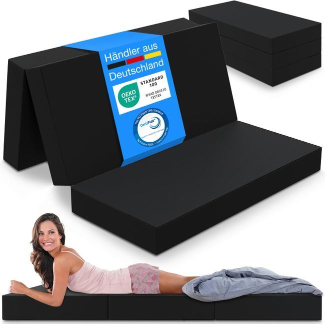 Faltmatratze, schwarz, gefaltet und ausgeklappt. Zertifizierungen: Oeko-Tex Standard 100. Aufschrift: Händler aus Deutschland.