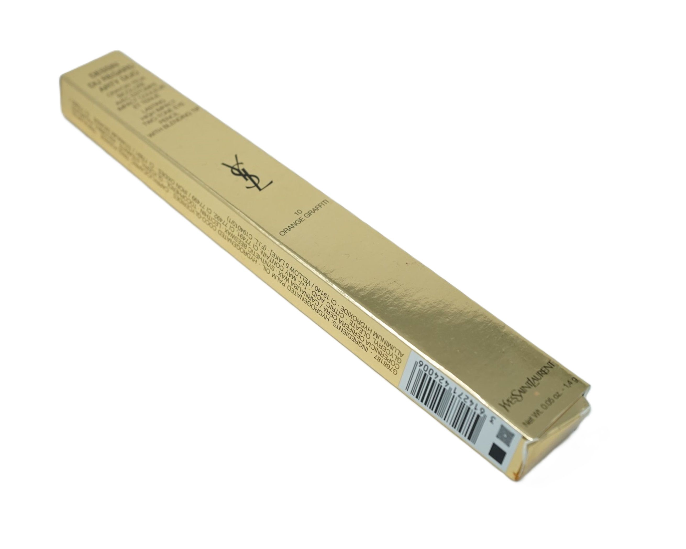 Goldfarbene Verpackung mit YSL-Logo und Produktinformationen. Aufschrift: Orange Graffiti.
