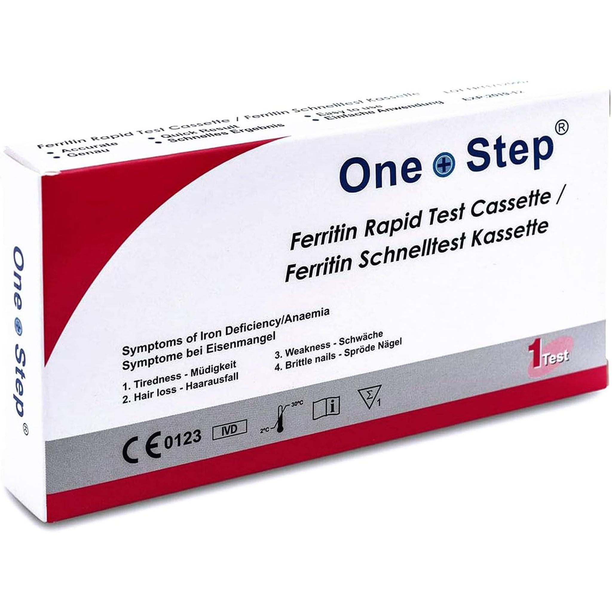 Verpackung des One+Step Eisenmangel Schnelltests. Aufschrift: Ferritin Rapid Test Cassette. Mit CE-Kennzeichnung und Symptomen von Eisenmangel.