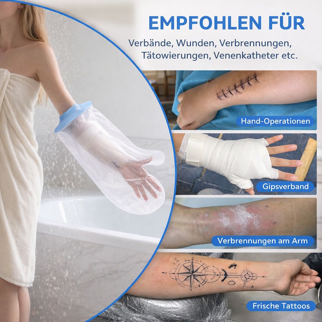 Arm-Duschschutz, transparent mit blauem Ring, am Arm einer Person. Empfohlen für Verbände, Wunden, Verbrennungen, Tätowierungen, Venenkatheter. Mehrere Bilder zeigen Anwendungsbeispiele.