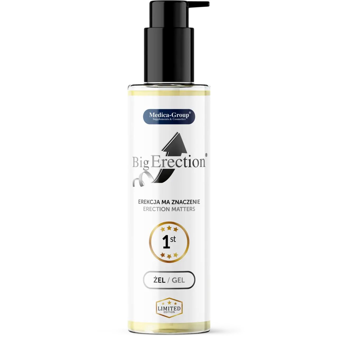 Gel-Flasche mit schwarzem Pumpkopf. Aufschrift "Big Erection", "Zel/Gel" und "Limited".