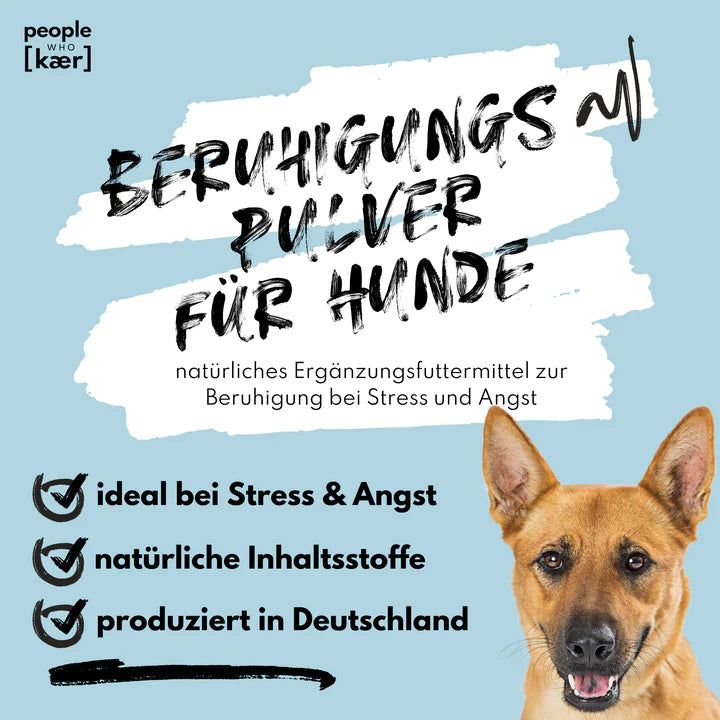 Blauer Hintergrund mit Text: Beruhigungspulver für Hunde. Ideal bei Stress & Angst. Natürliche Inhaltsstoffe. Produziert in Deutschland. Hund.