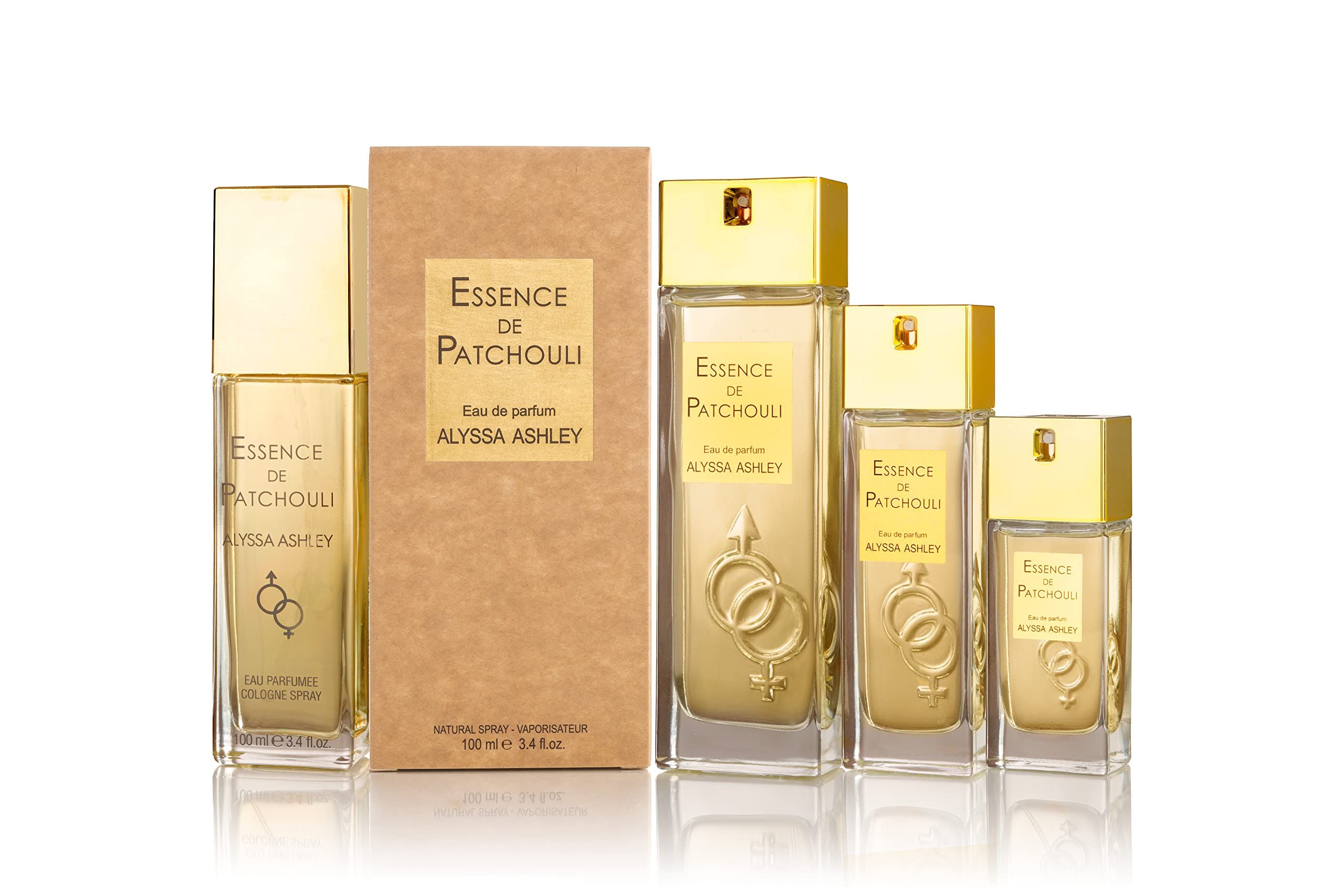 Alyssa Ashley Patchouli Eau de Parfum Flakons in verschiedenen Größen und Karton.