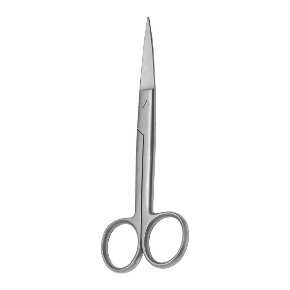 Chirurgische Schere, spitz zulaufend. Aus Metall. Mit zwei Griffringen. Auf weißem Hintergrund.