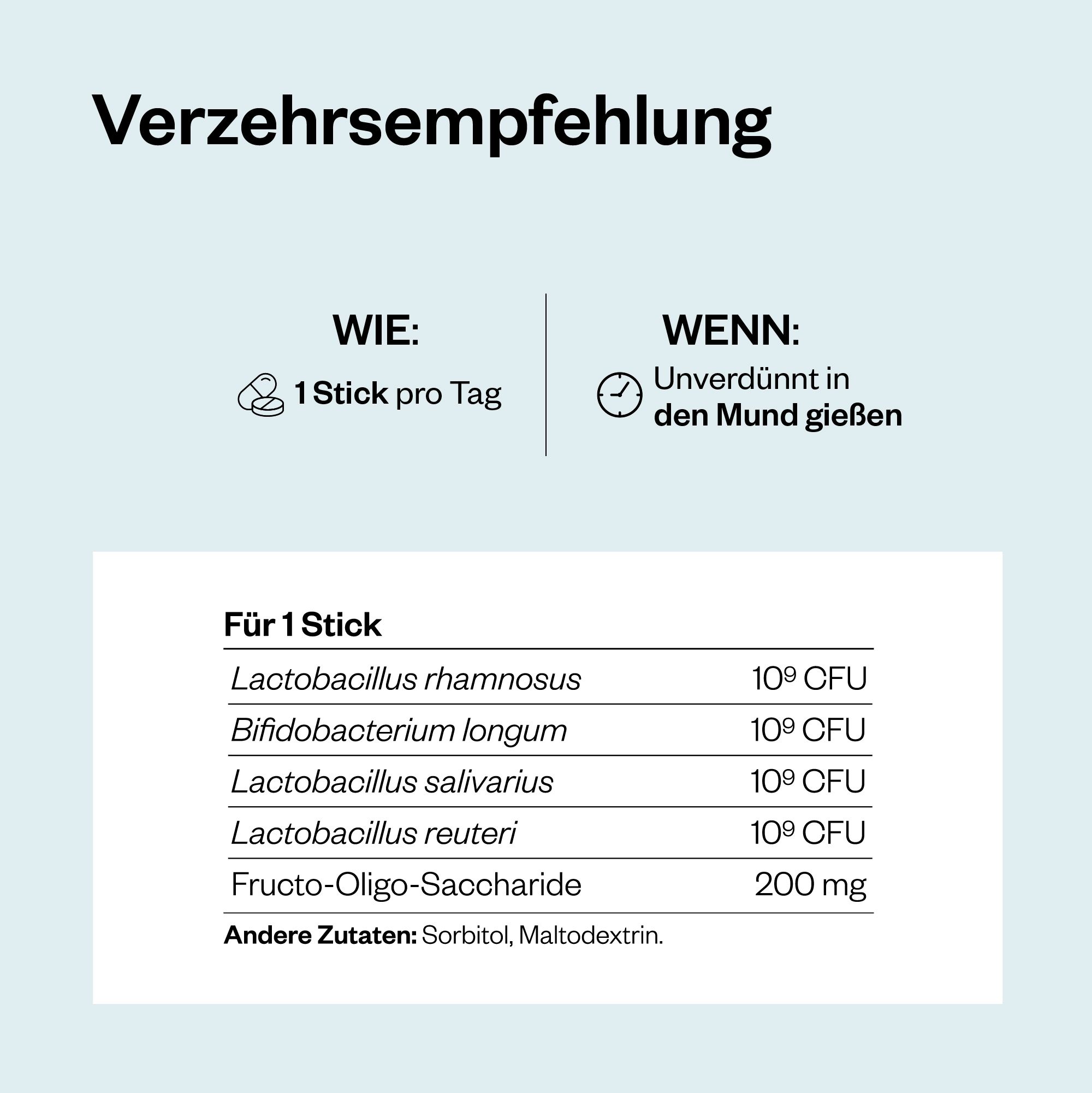 Text: Verzehrsempfehlung. 1 Stick pro Tag. Enthält Informationen zu Inhaltsstoffen und Dosierung.