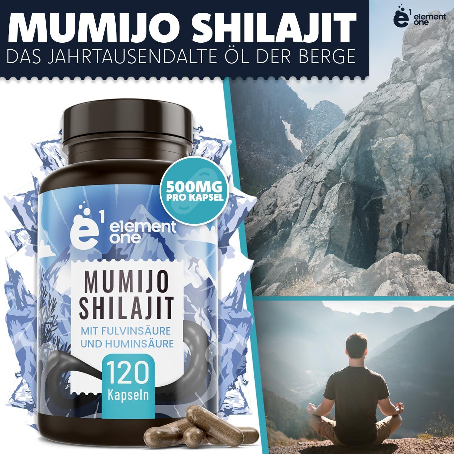 Element One Mumijo Shilajit Flasche mit 120 Kapseln. Zusätzliche Grafik: 500mg pro Kapsel. Hintergrund: Berglandschaft.