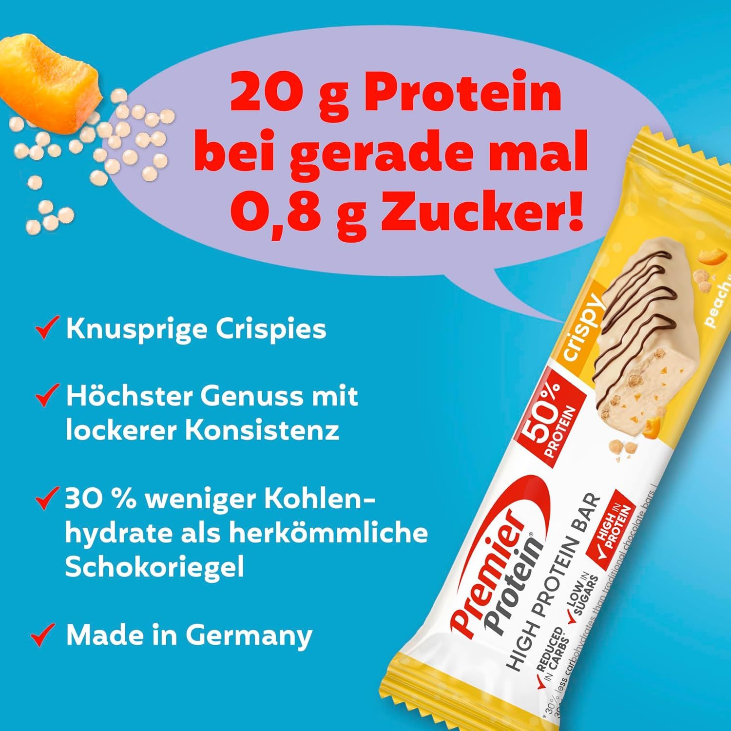Premier Protein High Protein Bar 50% Peach Crispie 16x40g