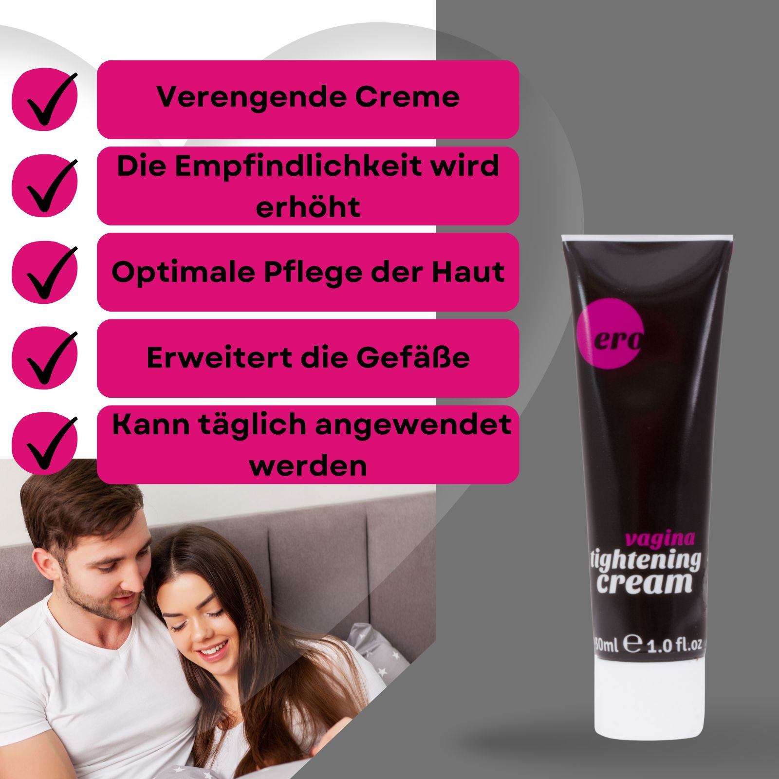 Tube und Textfeld. Textfeld: Verengende Creme, Empfindlichkeit erhöht, optimale Pflege, Gefäße erweitert, täglich.