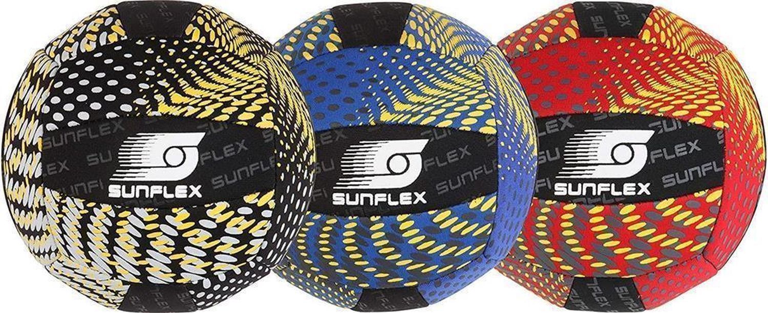 Drei Sunflex Bälle. Schwarz, blau und rot. Mehrfarbige Muster. Schwarzes Band mit Sunflex-Logo.