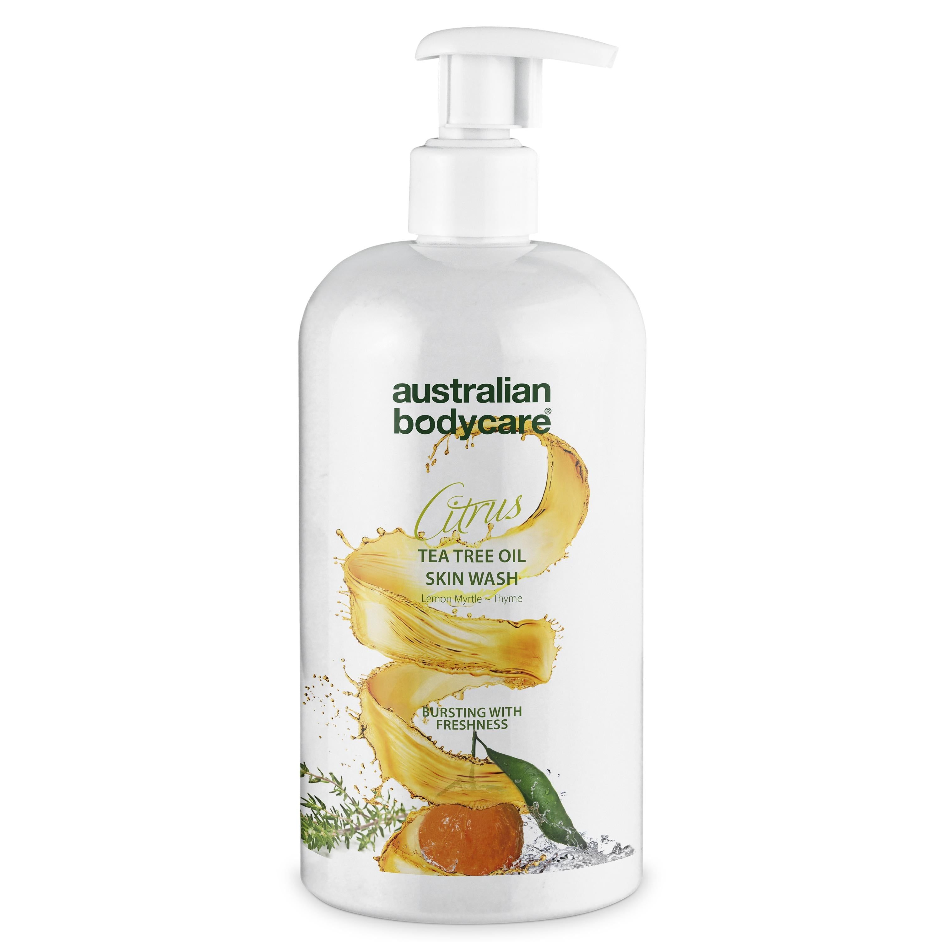 Weiße Flasche mit Pumpe. Aufschrift: Australian Bodycare Citrus Tea Tree Oil Skin Wash.