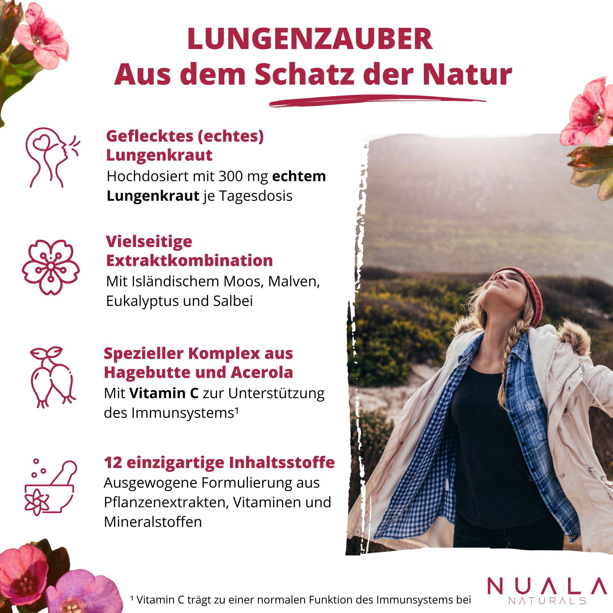 Infografik mit Produktinformationen. Enthält Text über Lungenkraut, Extrakte, Acerola und Vitamin C. Nuala Naturals Logo.
