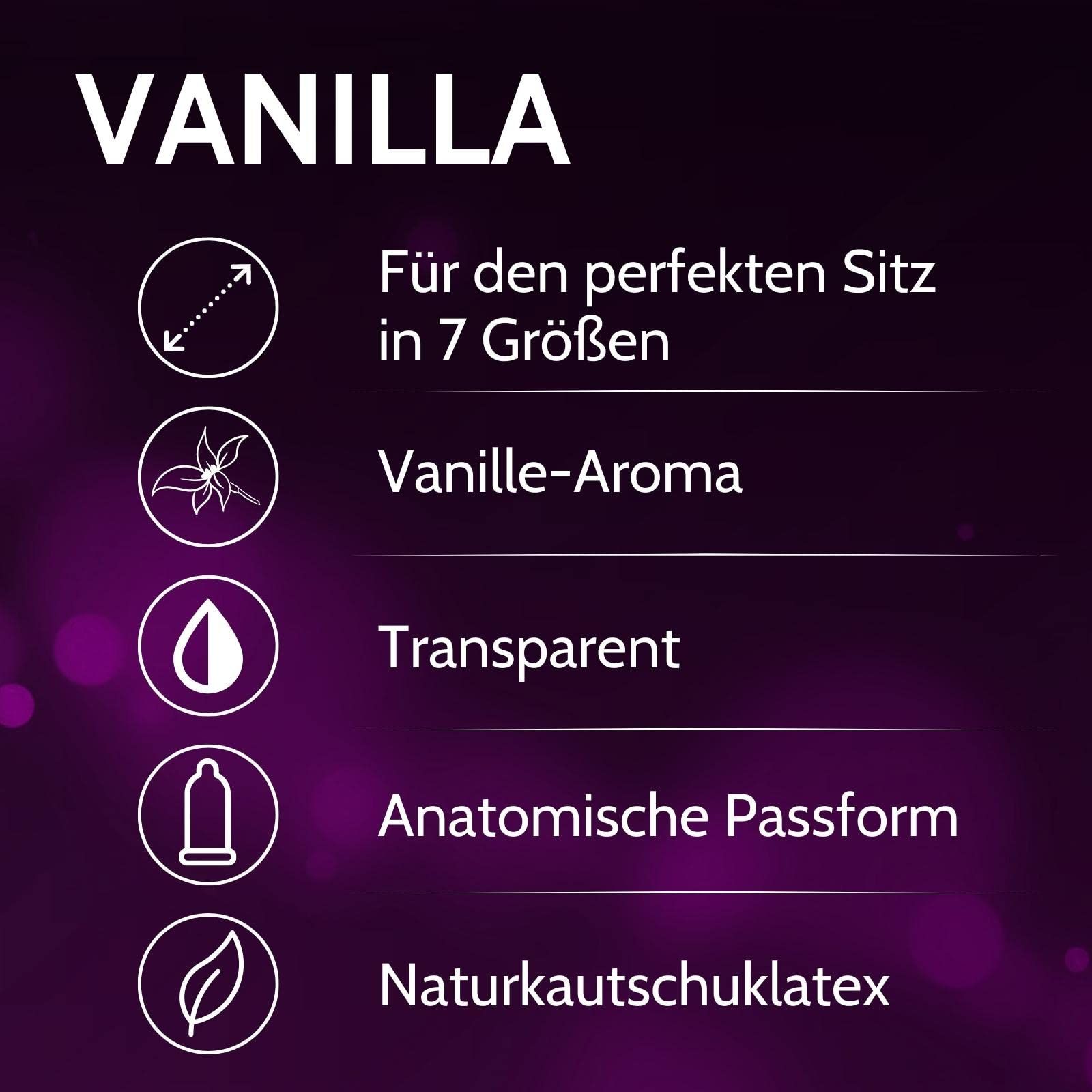 Verpackung mit der Aufschrift 'VANILLA', 7 Größen, Vanille-Aroma, transparent, anatomische Passform, Naturkautschuklatex.