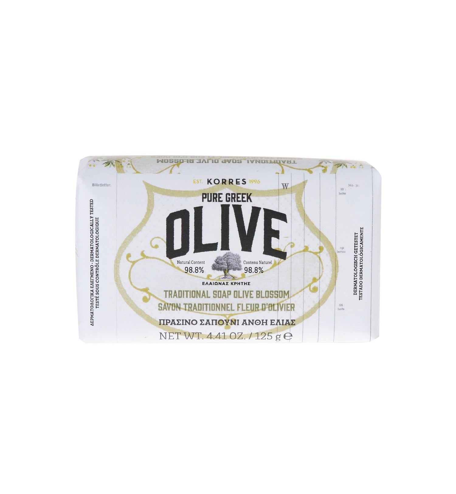 Rechteckige Seife mit Verpackung. Aufschrift: KORRES Pure Greek Olive, Traditional Soap Olive Blossom.