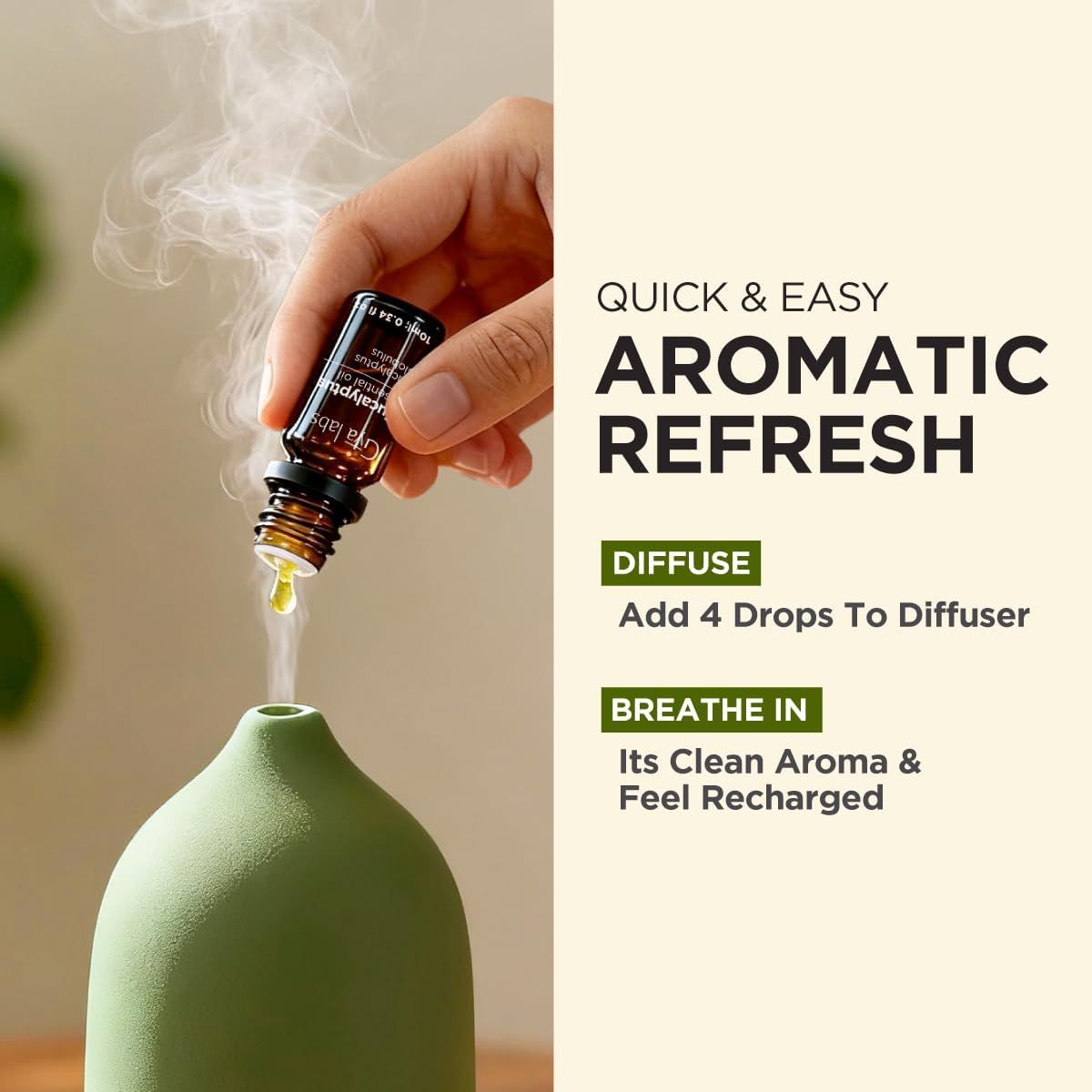 Hand gießt Öl in einen grünen Diffusor. Text: Schnelle & einfache aromatische Erfrischung. Diffundieren: 4 Tropfen in den Diffusor.