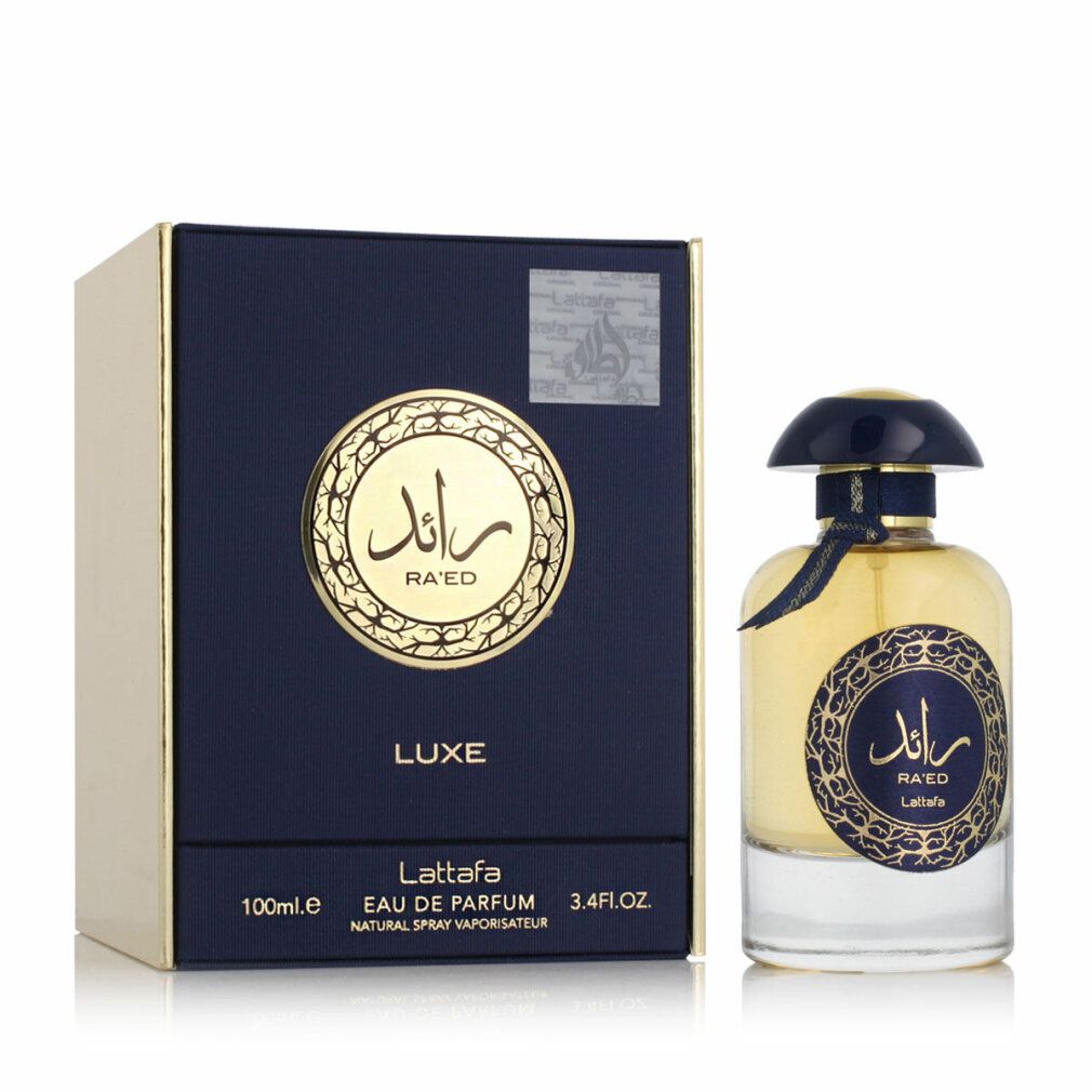 Parfümflasche mit blauer Verpackung. Auf der Verpackung steht "Luxe" und "100ml". Auf der Flasche steht "Ra'ed Lattafa".