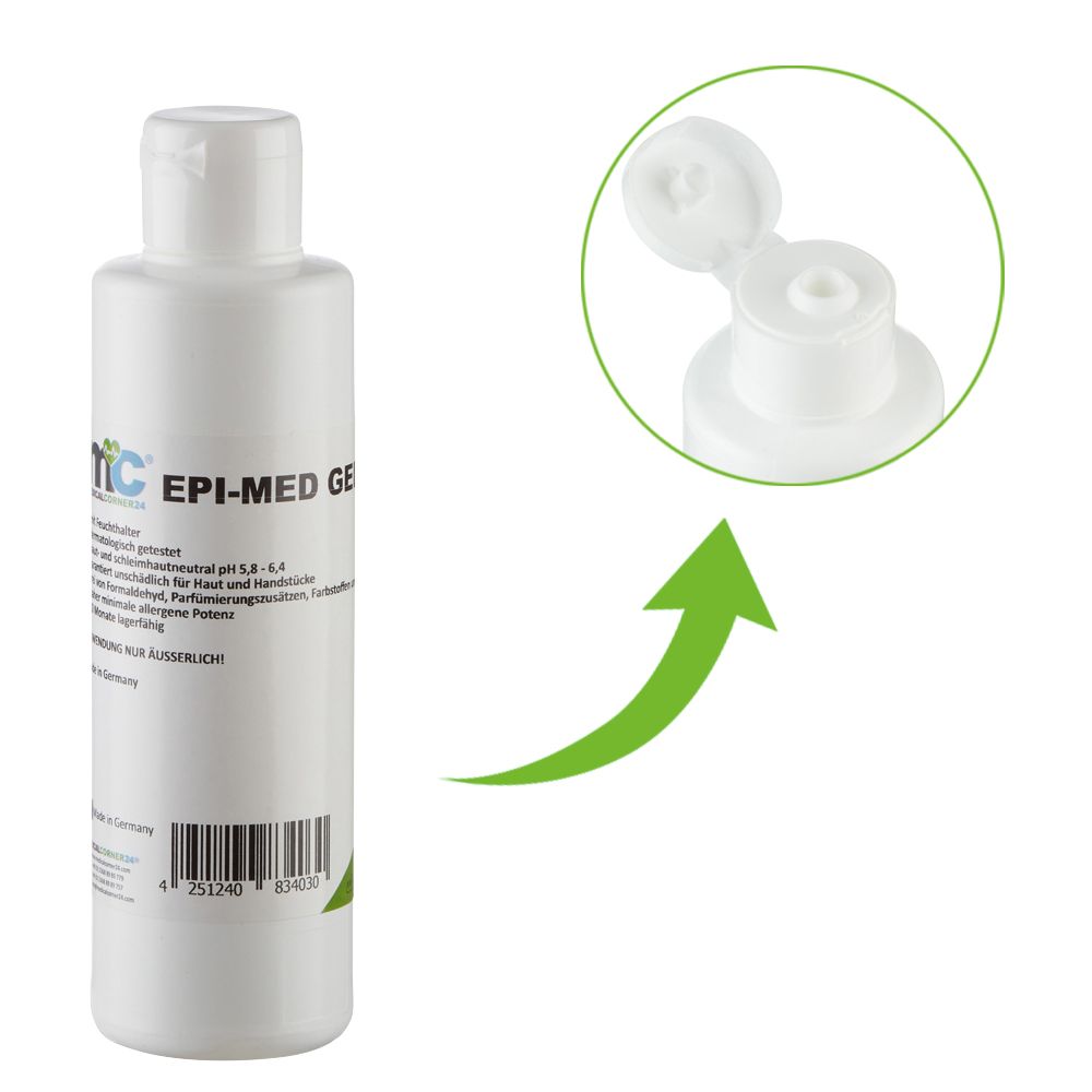Weiße Flasche Epi-Med Gel mit Detailansicht des geöffneten Klappdeckels. Pfeil zeigt auf den Deckel.