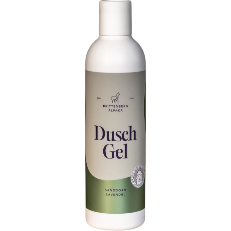 Weiße Flasche Duschgel mit Etikett: Brittenberg Alpaka, Dusch Gel, Sanddorn Lavendel. Rundes Siegel links.