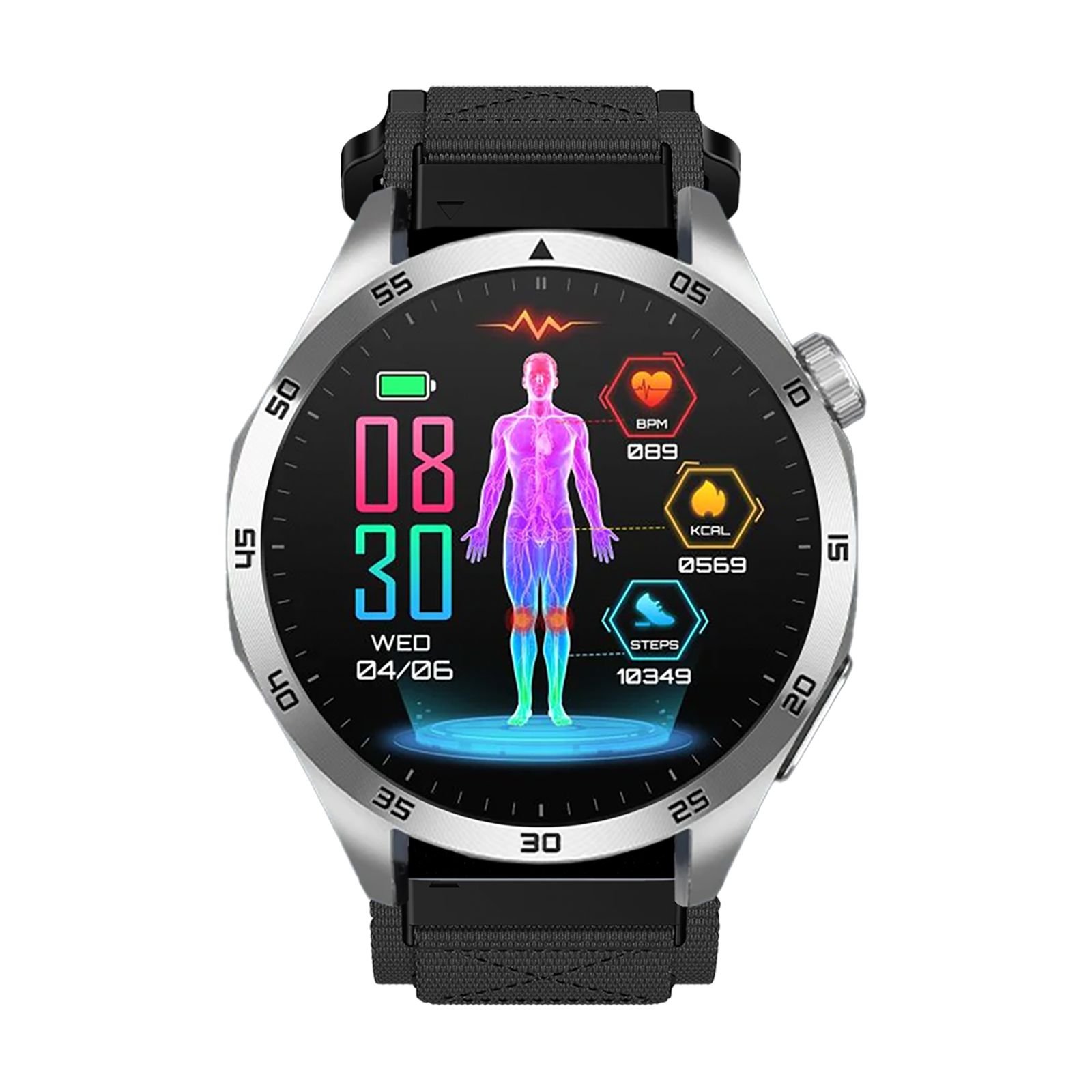 Smartwatch mit silbernem Gehäuse und schwarzem Armband. Zeigt Vitaldaten wie EKG, Herzfrequenz und Schritte an.
