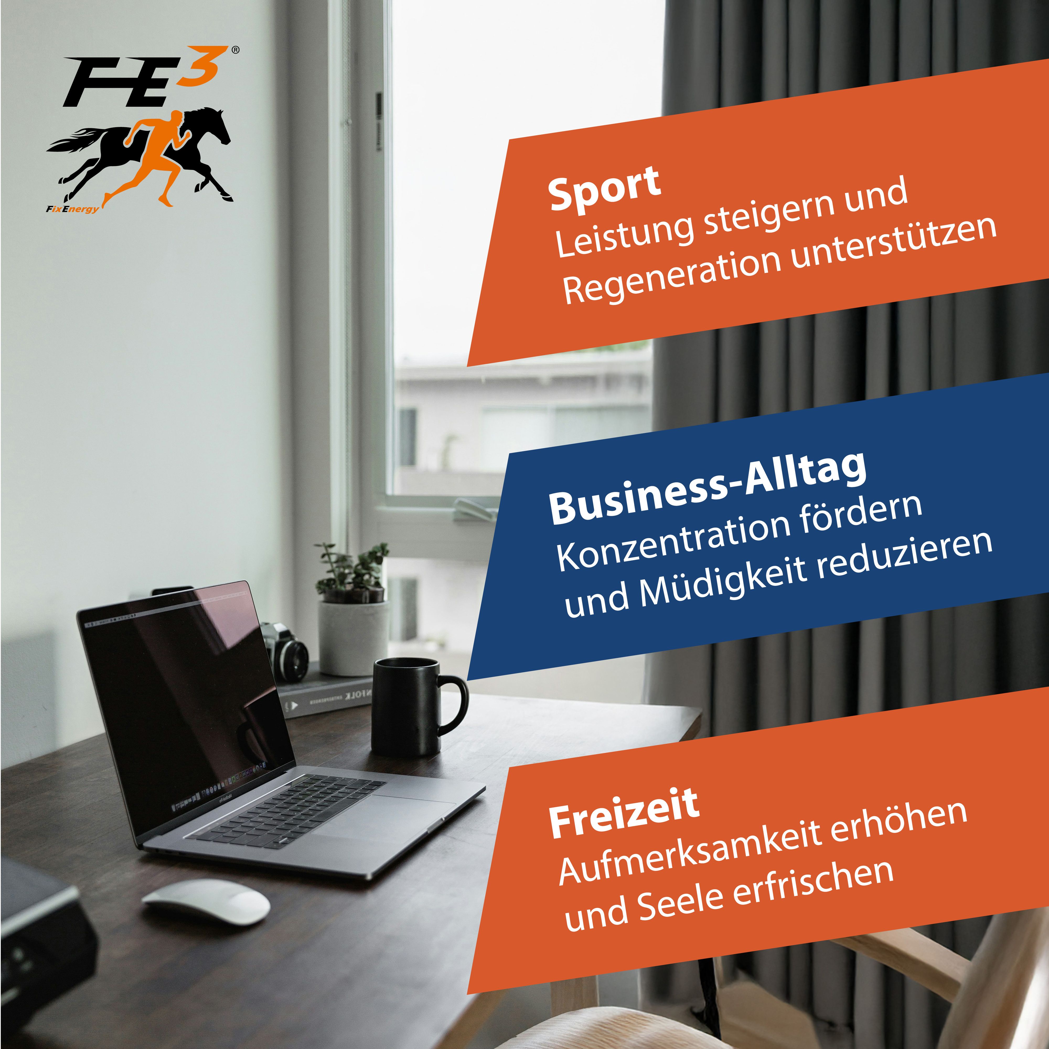 FE³ Flasche auf einem Schreibtisch. Logo mit Pferd. Text: Sport, Business-Alltag, Freizeit.