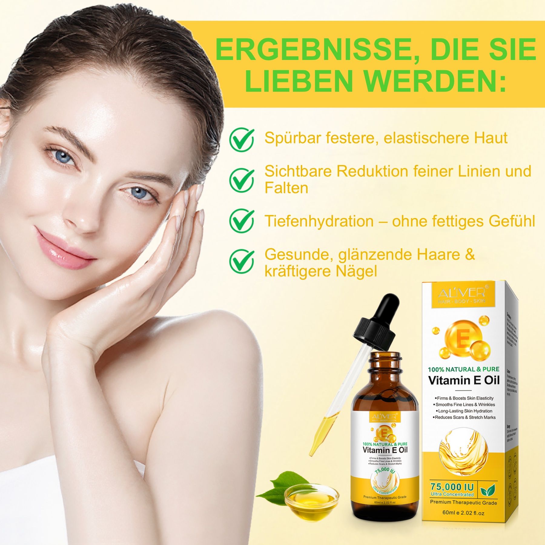 Eine Frau mit einer Flasche Vitamin E Öl. Text über Ergebnisse.