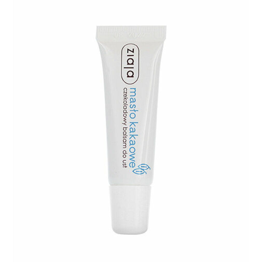 Weißer Lippenbalsam-Tuben mit blauer Schrift. Aufschrift: Ziaja, masło kakaowe, czekoladowy balsam do ust.