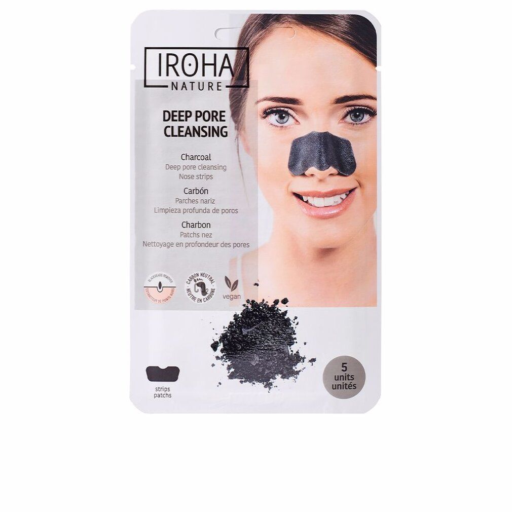 Verpackung Iroha Nature Deep Pore Cleansing. Enthält 5 Einheiten. Frau mit Strip auf der Nase. Mit Aktivkohle.